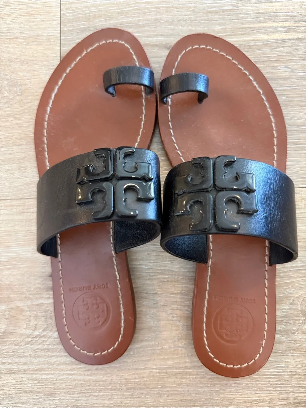Tory Burch Black Leather Toe-Loop Slide Sandals